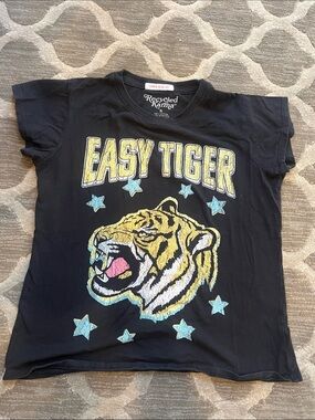 Recycled Karma Black 'Easy Tiger' Graphic Tee with Yellow & Blue Accents